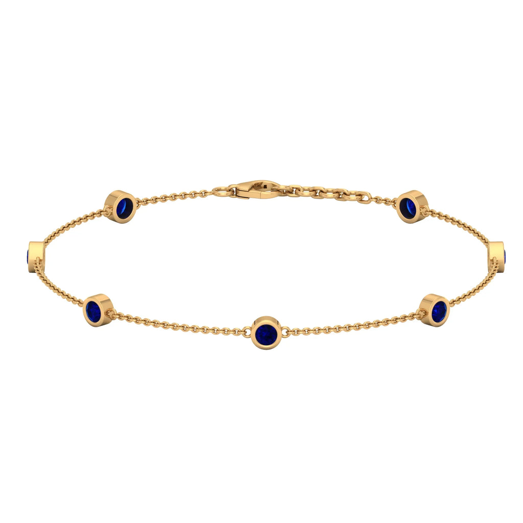 Lab Created Blue Sapphire Station Chain Bracelet For Women - 1 CT - AAAA Grade, 14K Yellow Gold, 7.5 inches
