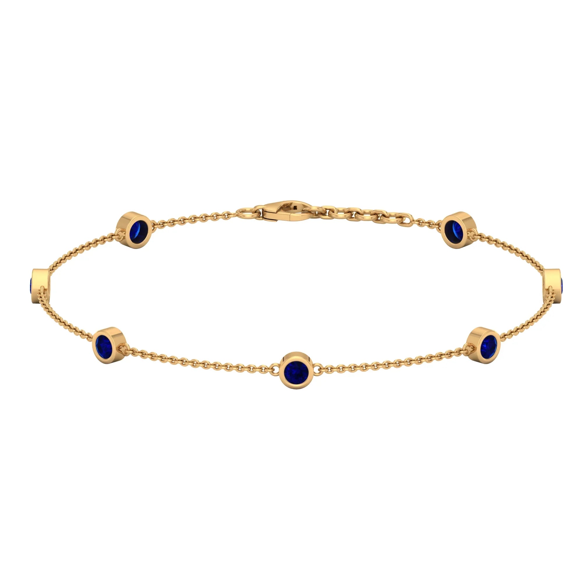 Lab Created Blue Sapphire Station Chain Bracelet For Women - 1 CT - AAAA Grade, 14K Yellow Gold, 7.5 inches