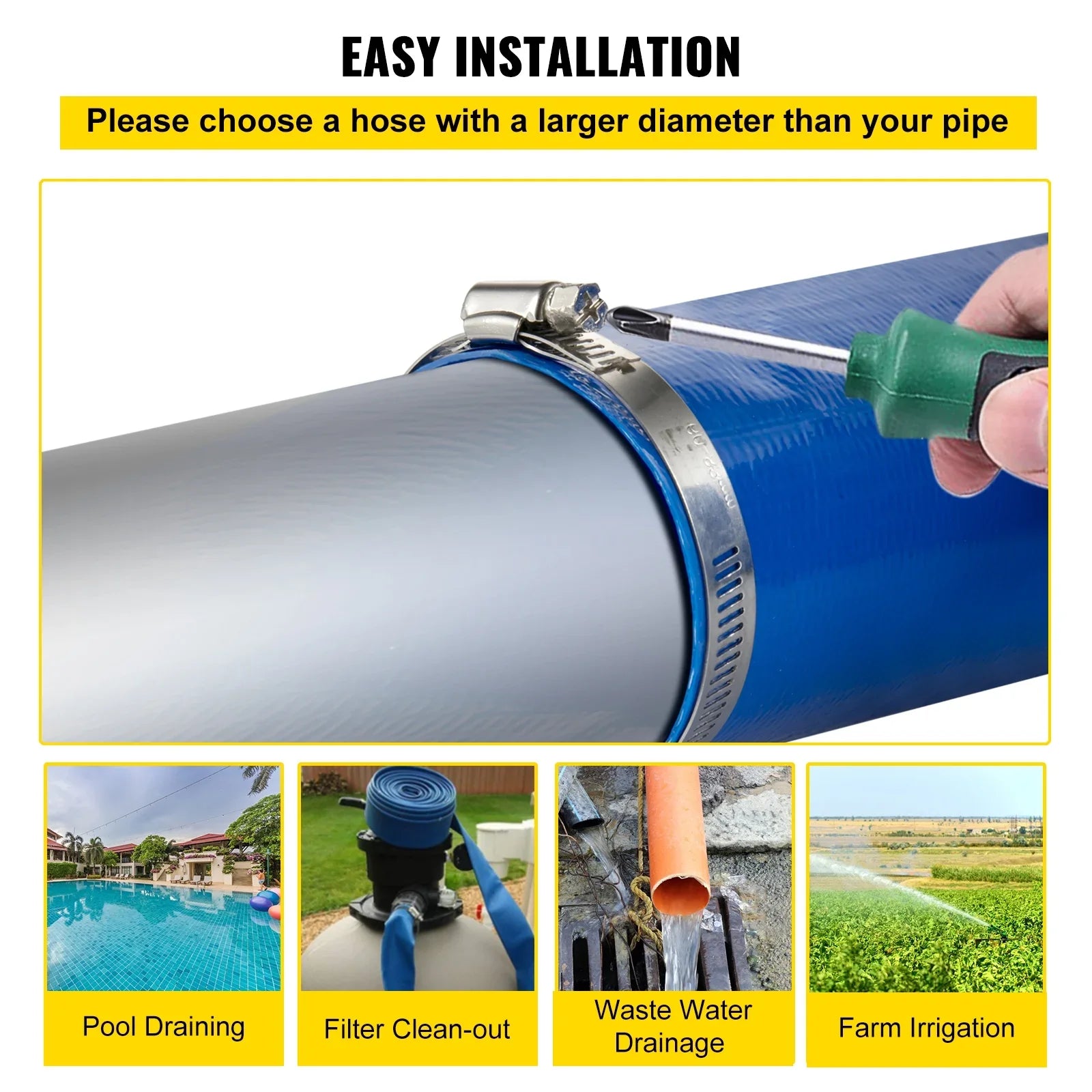 BENTISM Discharge Hose, 1-1/2" x 105', PVC Fabric Lay Flat Hose, Heavy Duty Backwash Drain Hose with Clamps, Condition & Burst-proof, Perfect for Swimming Pool & Water Transfer