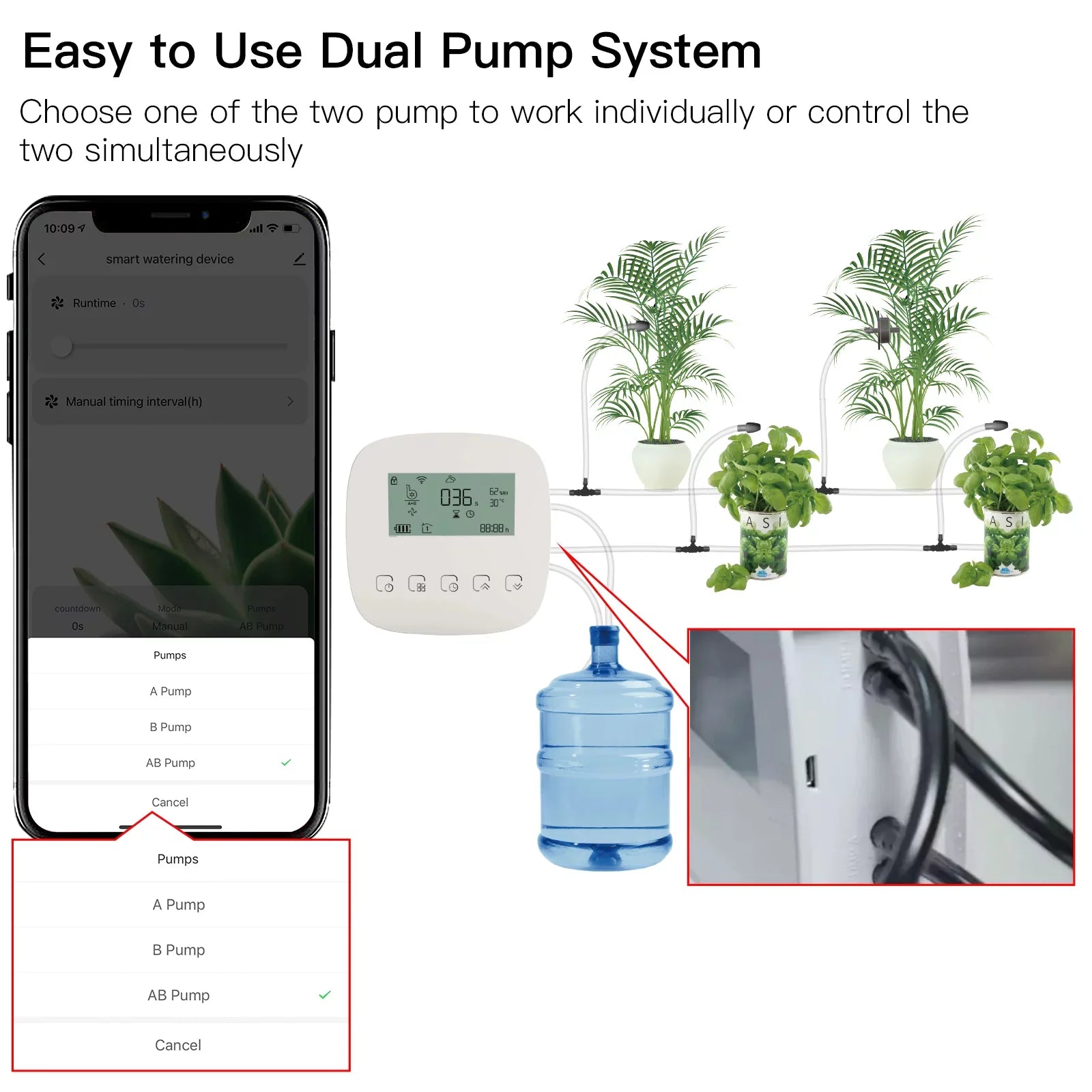 Arealer Automatic Watering System Smart Watering Device Dual Pump System WiFi/ Voice/ Manual Control Programmable Watering Time Built-in Battery Solar Panel/ USB Charging Suitable with Home for
