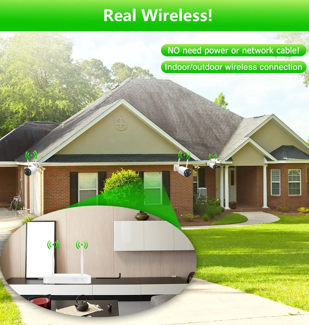 VIKVIZ 8CH WiFi CCTV System 4Pcs 3MP Battery Camera , 4 Solar Panels , 2.5inch HDD Wireless NVR