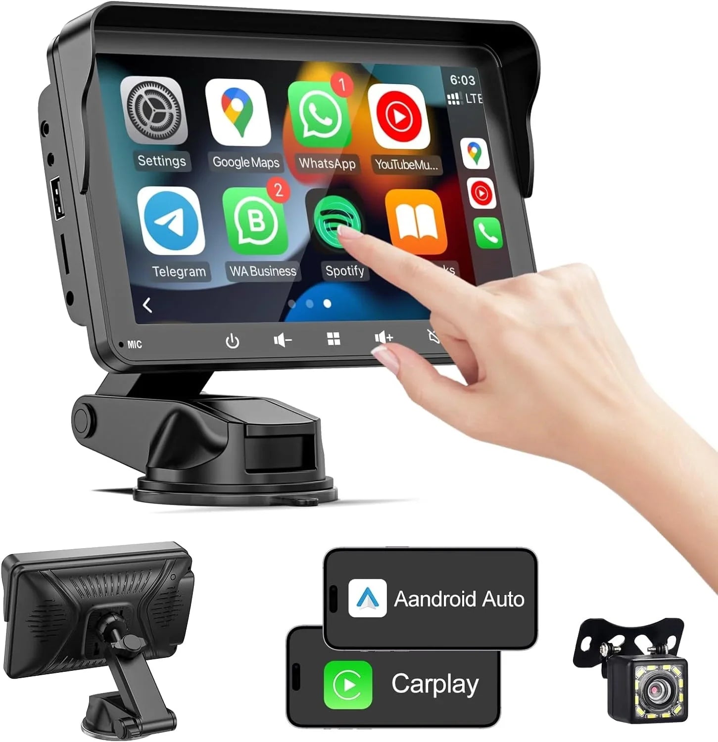 7" HD Double Din Car Stereo, Portable Wireless Apple Carplay & Android Auto with Backup Camera, IPS Touch Screen Stereo with Bluetooth, Multimedia Player, Car Audio with Mirror Link/AUX/FM