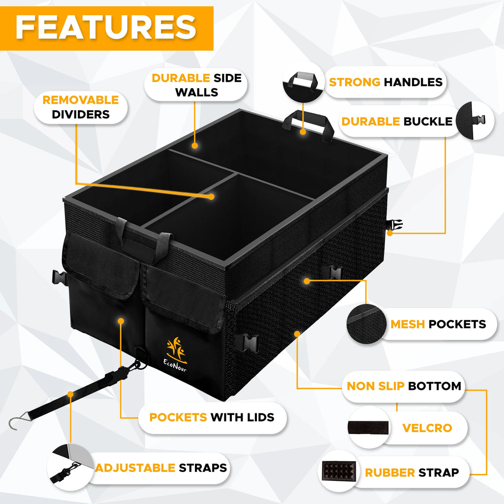 EcoNour Trunk Organizer for Car | Multi Compartment Collapsible Trunk Organizer for Cars and Suv’s | Black