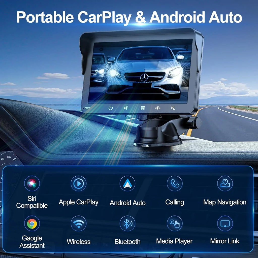 7" HD Double Din Car Stereo, Portable Wireless Apple Carplay & Android Auto with Backup Camera, IPS Touch Screen Stereo with Bluetooth, Multimedia Player, Car Audio with Mirror Link/AUX/FM