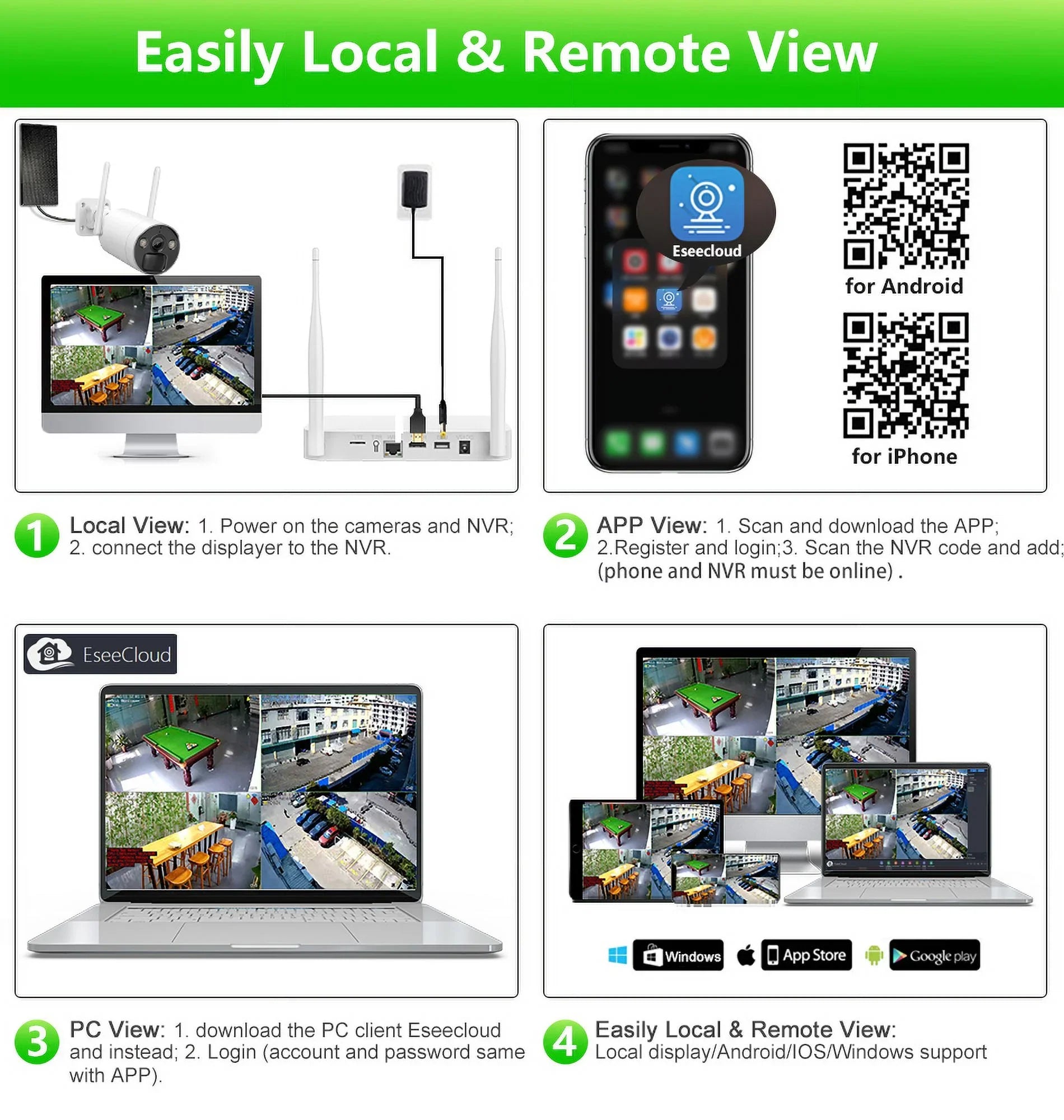 VIKVIZ 8CH WiFi CCTV System 4Pcs 3MP Battery Camera , 4 Solar Panels , 2.5inch HDD Wireless NVR