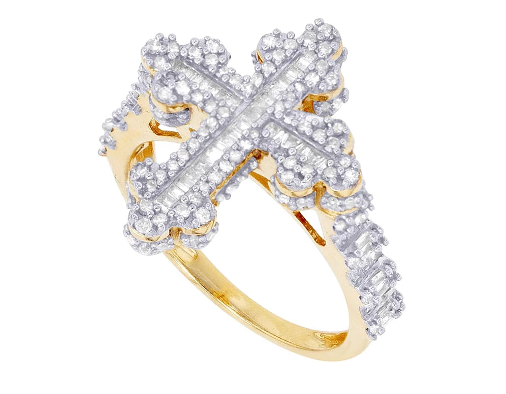 Baguette Cross 0.875 CT Diamond Ring 10K Yellow-White Gold
