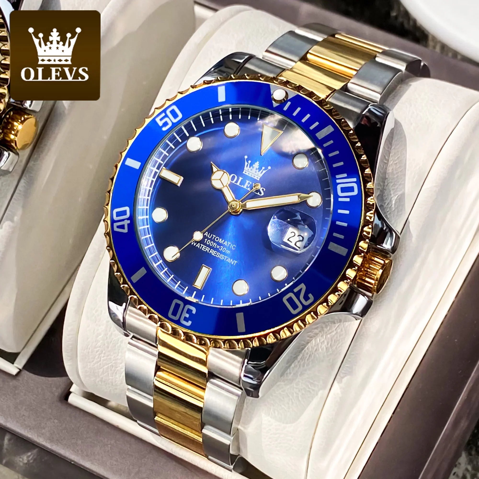 Olevs Automatic Wristwatch for Men Two-Tone Blue Gold Date Adult Male 6650A