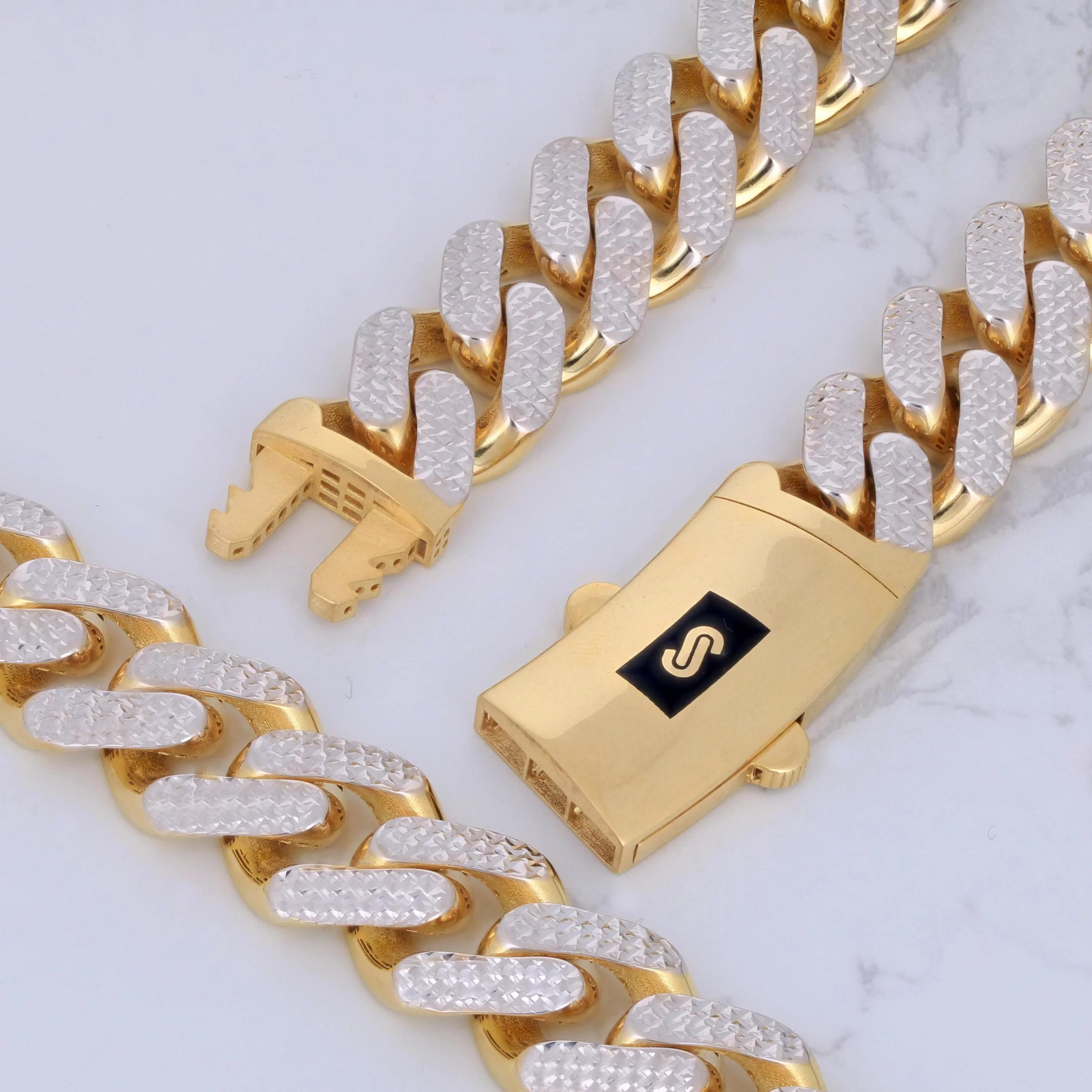 Nuragold 10k Yellow Gold 17mm Monaco Miami Cuban Diamond Cut Pave Link Chain Bracelet, Mens Jewelry Fancy Box Clasp 8" 8.5" 9"