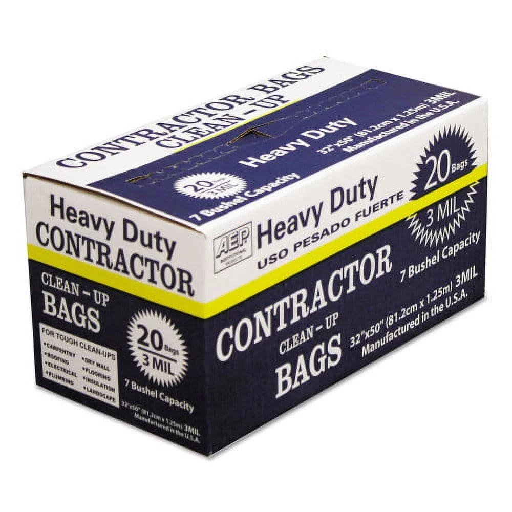 AEP Industries Heavy-Duty Contractor Clean-Up Bags, 60 gal, 3 mil, 32" x 50", Black, 20/Carton