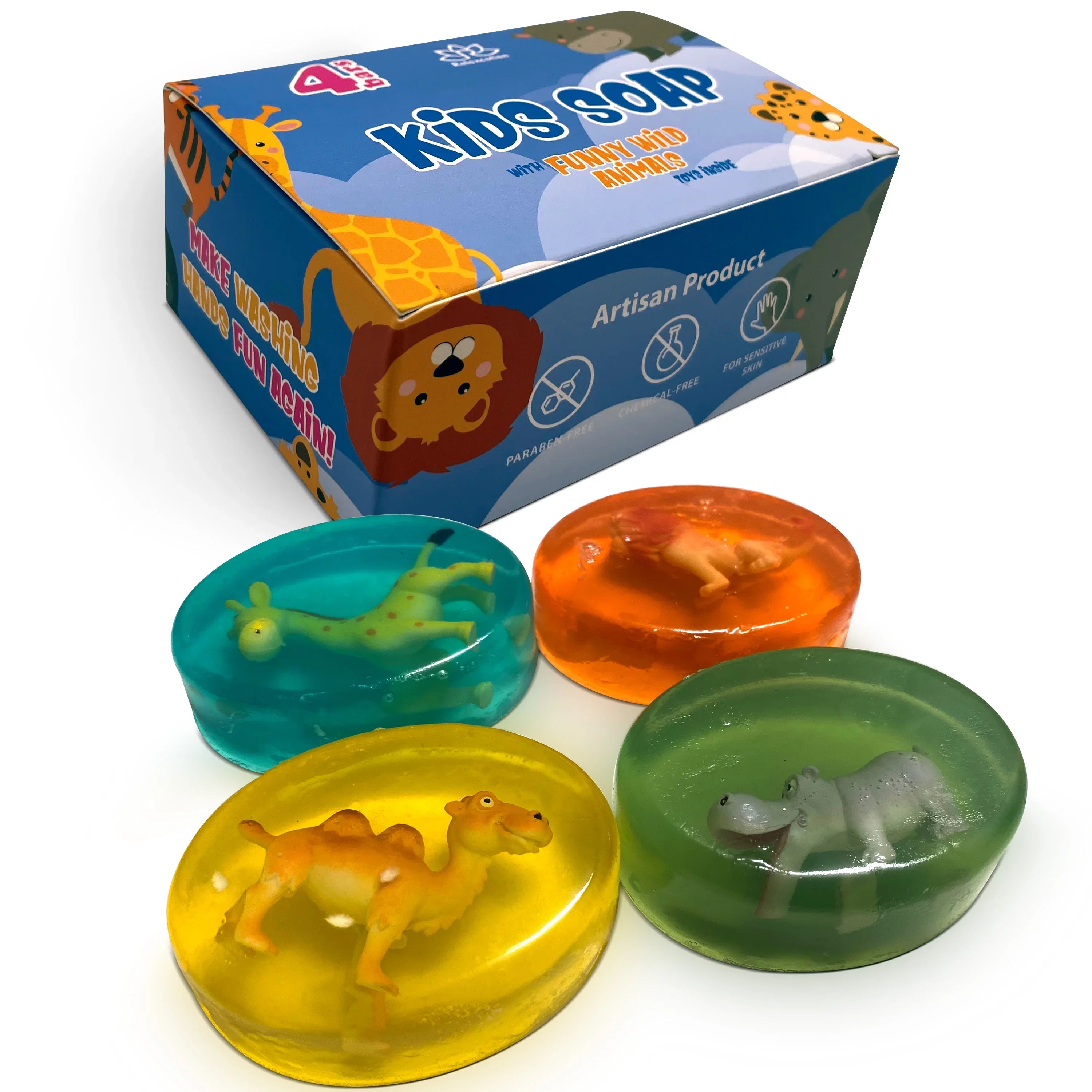 Kids Soap with Toys Inside Funny Animals Surprise Glycerin Soap Bar Collect All 12 Wild Animals Toys Moisturizing Handmade in USA Natural and Safe by Relaxcation 4 Set
