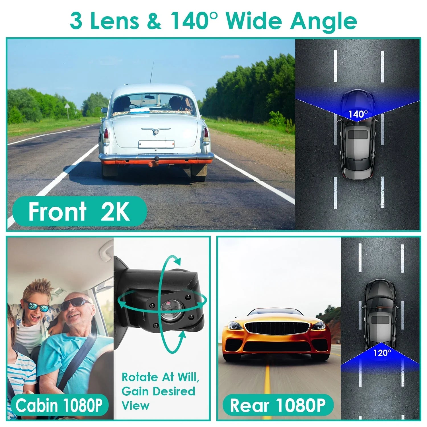 iMounTEK 2K Car DVR 3 Channel Dash Cam Camcorder Camera Recorder with 140° Angle GPS WiFi Night Vision G-sensor Loop Recording Parking Monitor