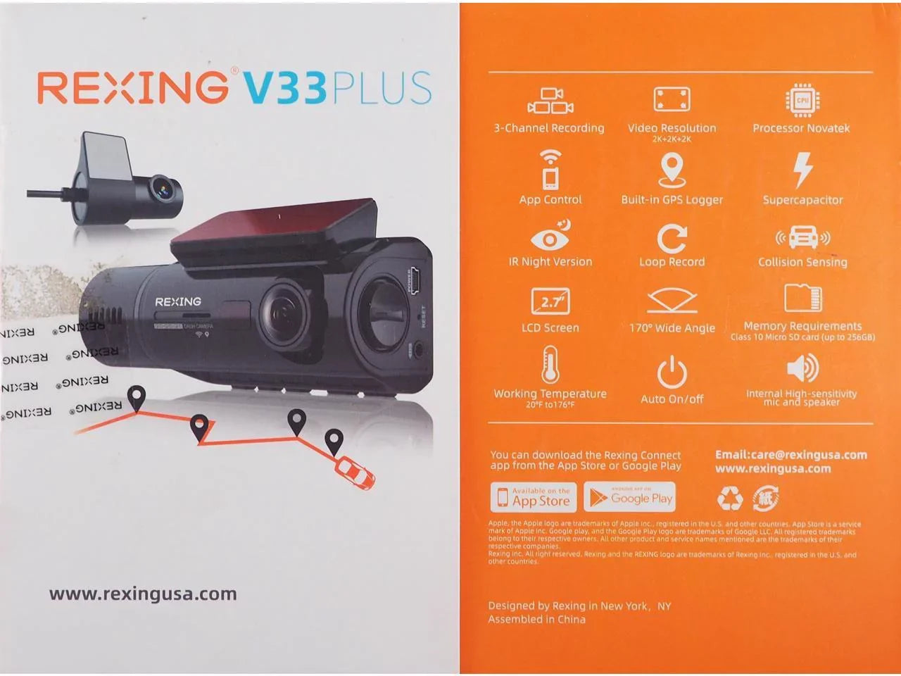Rexing V33 3 Channel 1440p+1440p+1440p Resolution Dashcam with Front +Cabin +Rear camera, GPS BBY-V33