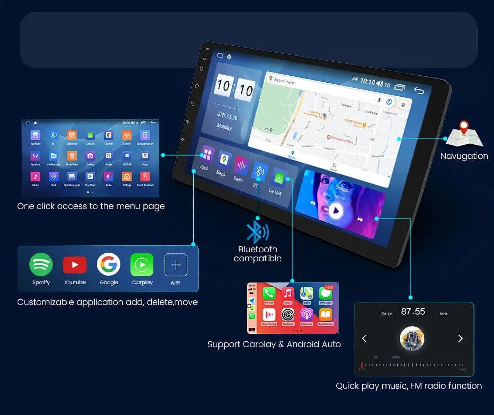 10'' 2Din Android QLED Car Stereo Nav GPS Radio DSP CarPlay Condition 8 4+32GB
