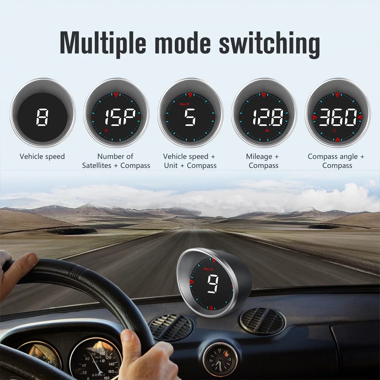 Car Head-up Display Digital Speedometer Display Driving Mileage, Compass Angle, Overspeed and Fatigue Driving