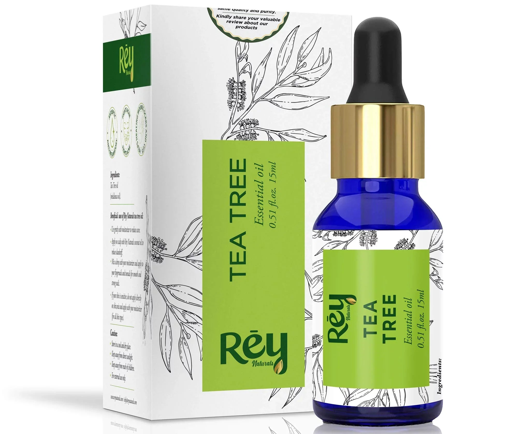 Rey Naturals Tea tree oil for Aromatherapy - Tea Tree Essential Oil for Healthy Skin, Face, and Hair - 100% Organic Remedy for Dandruff, Acne - 30 ml