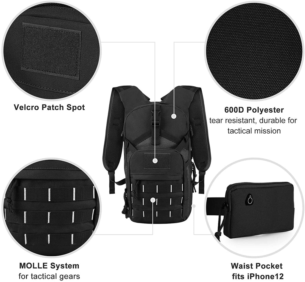 SKL Hydration Pack Tactical Water Backpack with 2L BPA Free Water Bladder, Military Water Bag Thermal Insulation, Adjustable Waist Pocket Daypack Fits Women Men for Running Hiking Cycling Biking