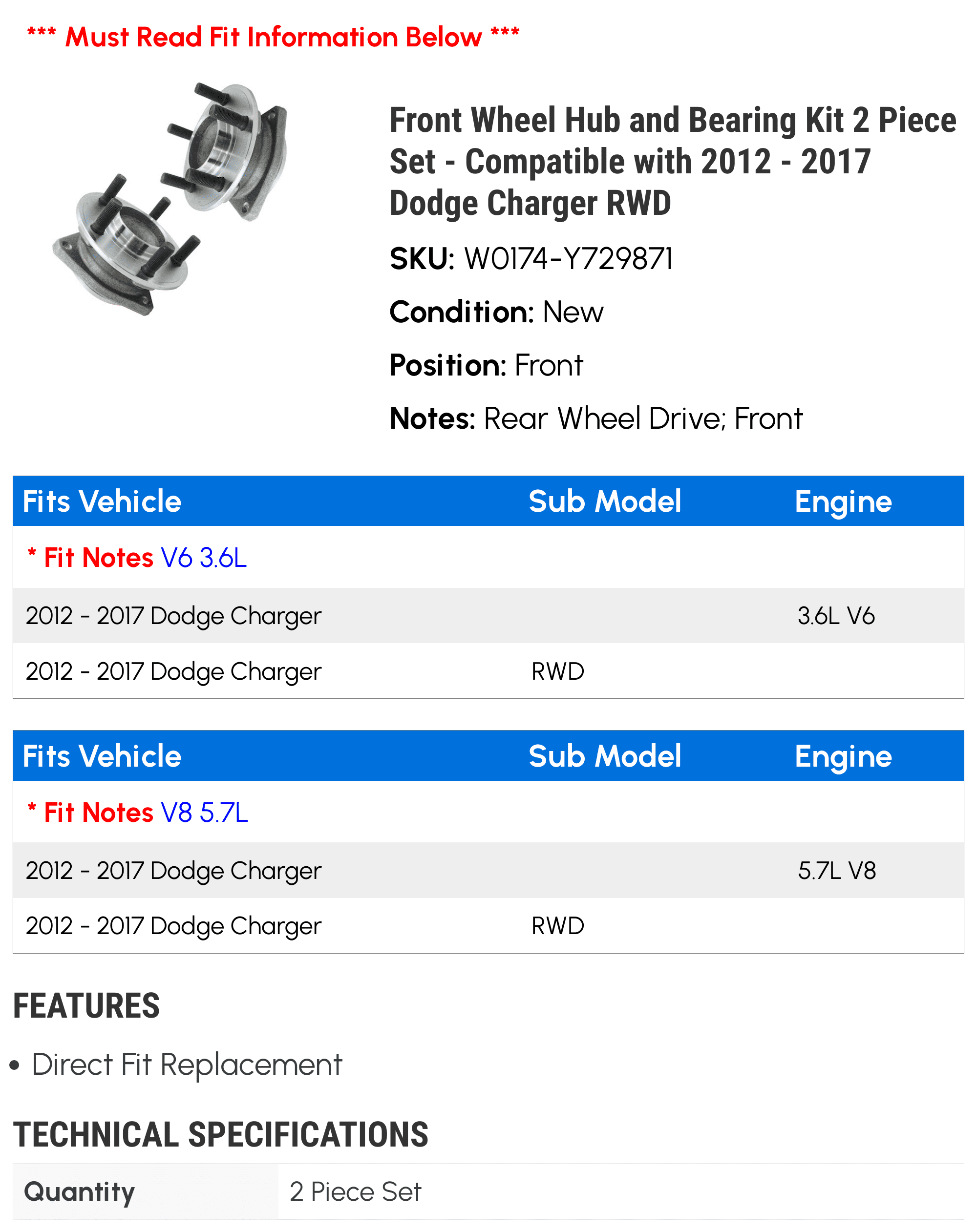 Front Wheel Hub and Bearing Kit 2 Piece Set - Matching with 2012 - 2017 Dodge Charger RWD 2013 2014 2015 2016 2018