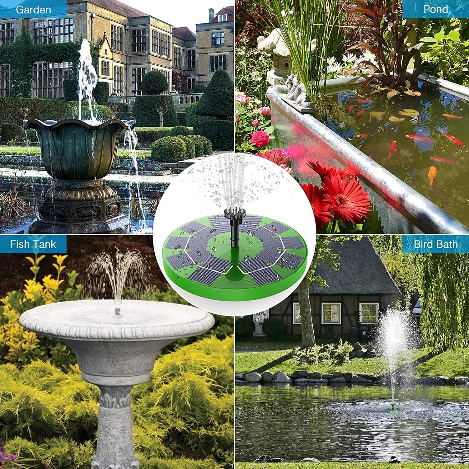 AISITIN 3W Solar Fountain Pump Solar Water Pump, Floating Fountain Built-in 1200mAh Battery, with 6 Nozzles, for Bird Bath, Fish Tank, Pond or Garden Decoration Solar Aerator Pump (Green)