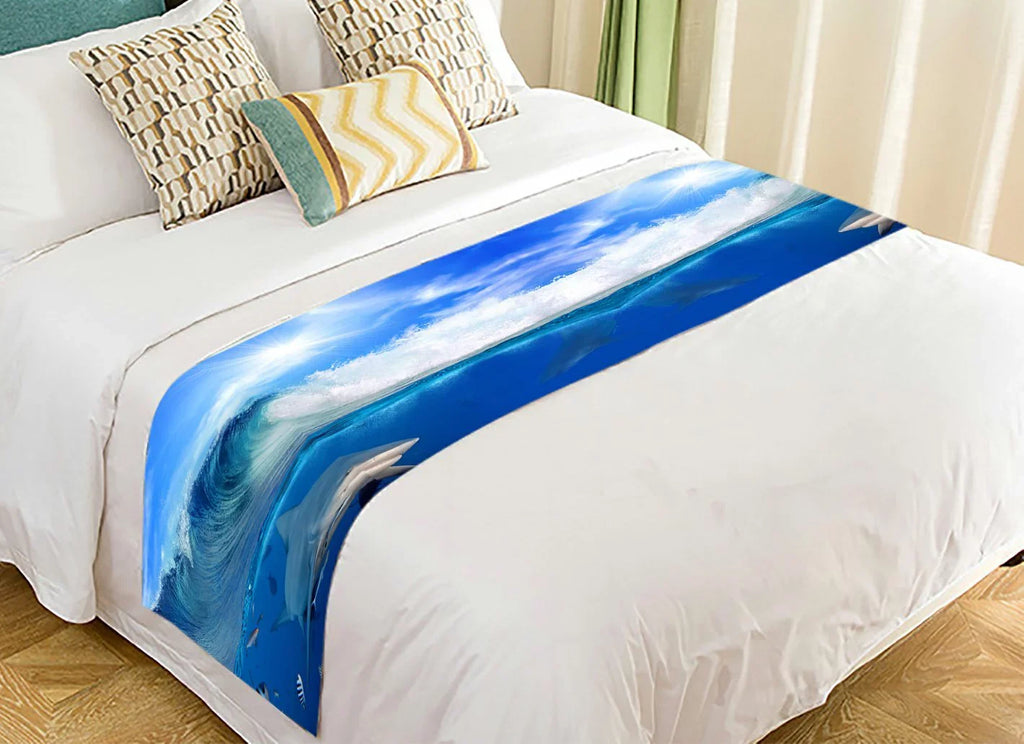 GCKG Excellent Ocean Wave Bed Runner, Shark Underwater World Bed Runners Scarves Bed Decoration 20x95 inch