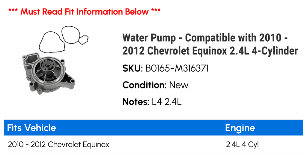 Water Pump - Fitting with 2010 - 2012 Chevy Equinox 2.4L 4-Cylinder 2011