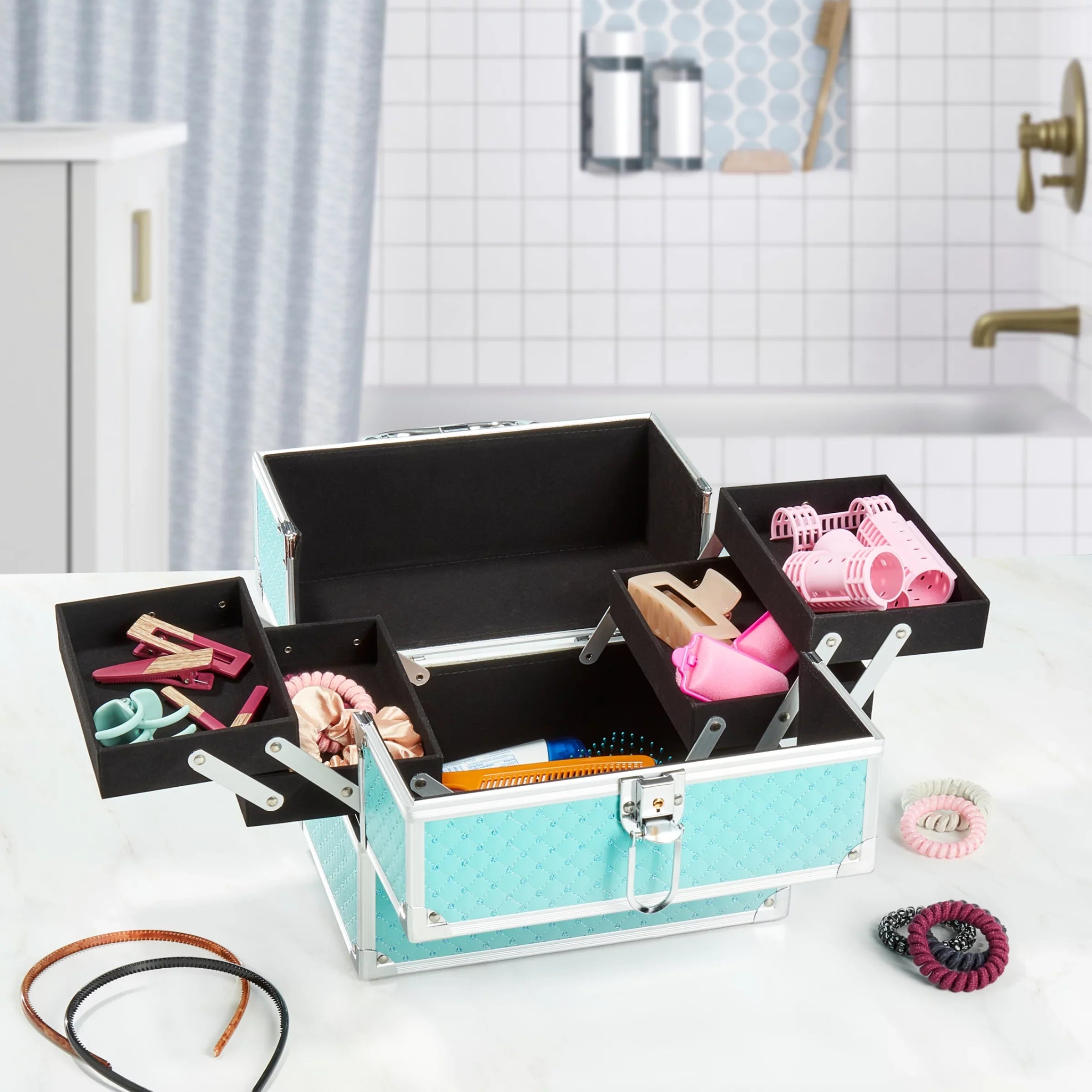 Makeup Train Case Cosmetics Organizer, Teal Color, 4 trays, 6.7" x 9.85" x 7.9"