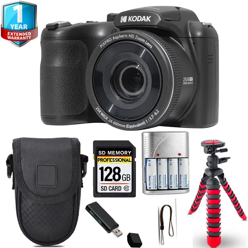 Kodak PIXPRO AZ255 Digital Camera (Black) + Spider Tripod + 1 Yr Warranty - 64GB