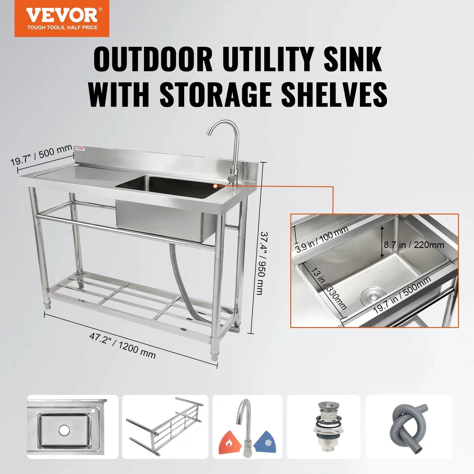BENTISM Commercial Utility & Prep Sink Single Bowl w/Workbench 47.2x19.7x37.4 in