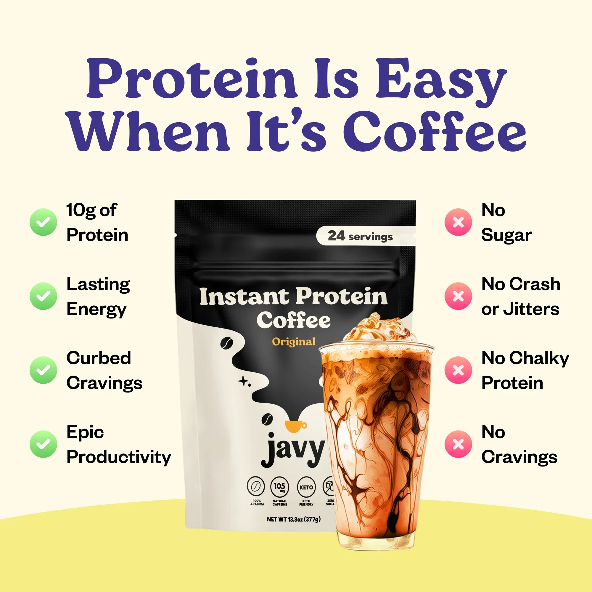 Javy Premium Instant Coffee - Protein Coffee - Protein Shake, Iced Coffee, Protein Drinks, Delicious Keto Friendly and Gluten Free, 24 Servings