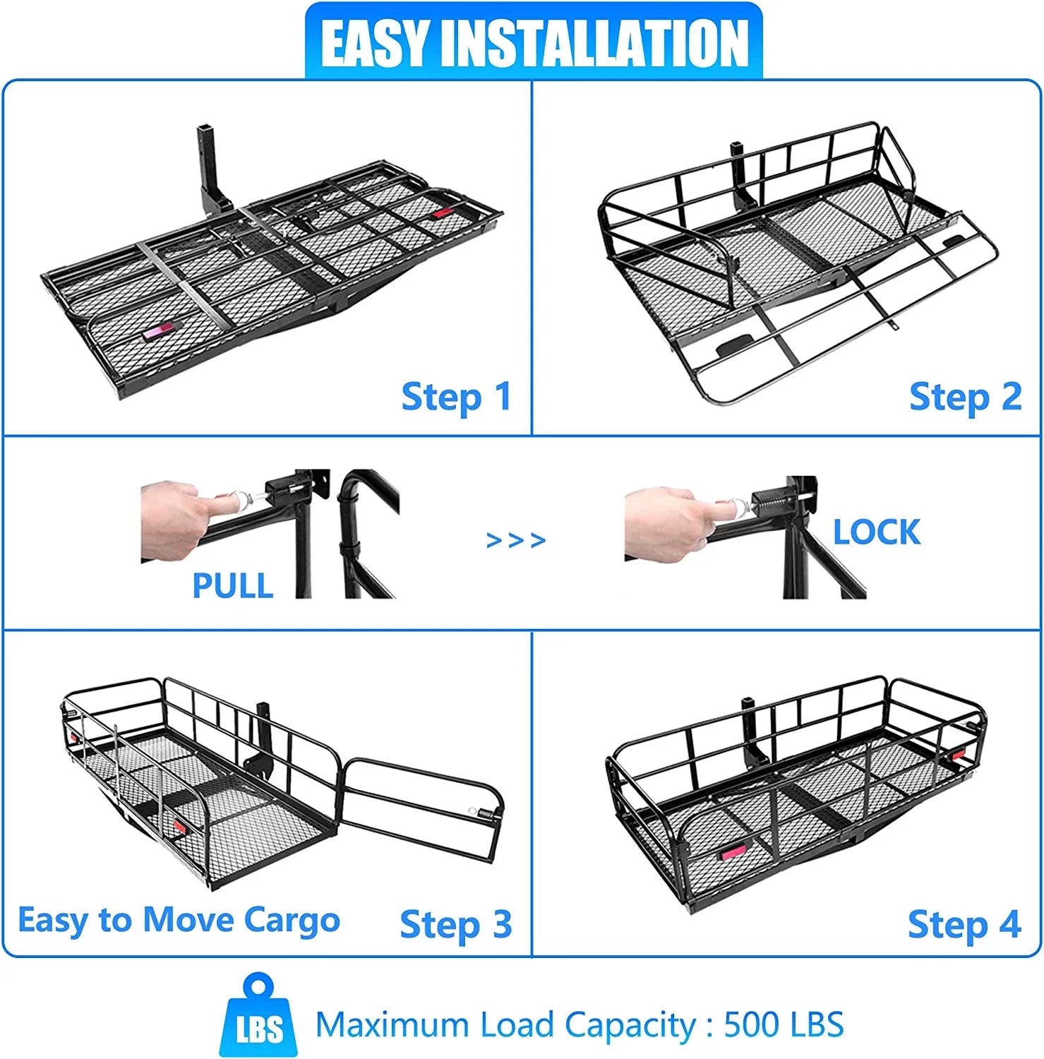 WAGEE 500 Lbs Heavy Duty Hitch Mount Cargo Carrier 60" x 24" x 14.4" Folding Cargo Rack Rear Luggage Basket Fits 2" Receiver for Car SUV Camping Traveling