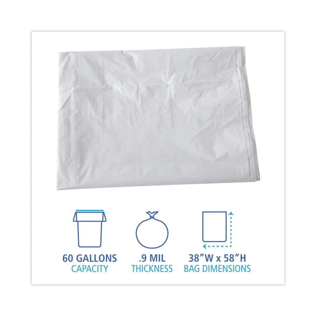 Boardwalk Linear Low Density Industrial Trash Bags, 60 gal, 0.9 mil, 38 x 58, White, 100/Carton