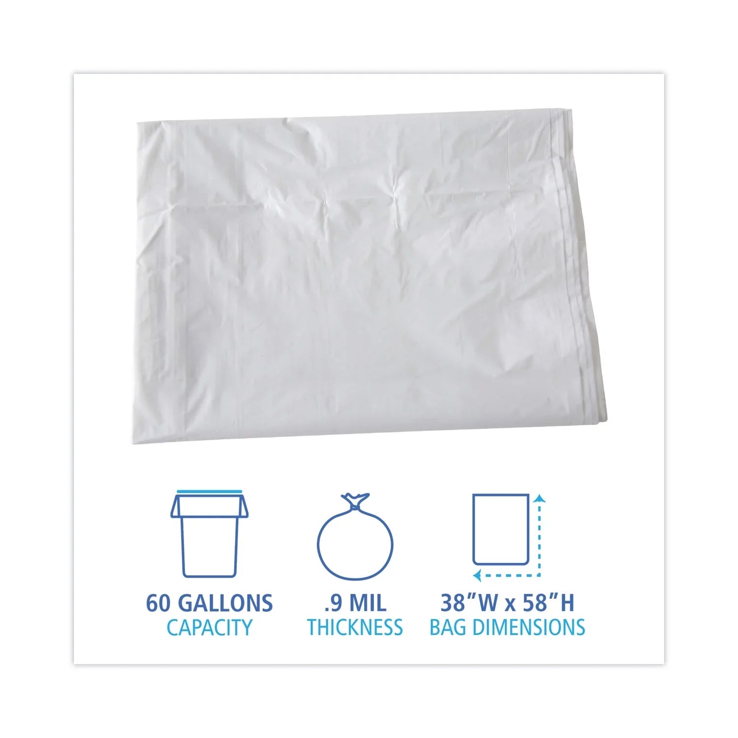 Boardwalk Linear Low Density Industrial Trash Bags, 60 gal, 0.9 mil, 38 x 58, White, 100/Carton