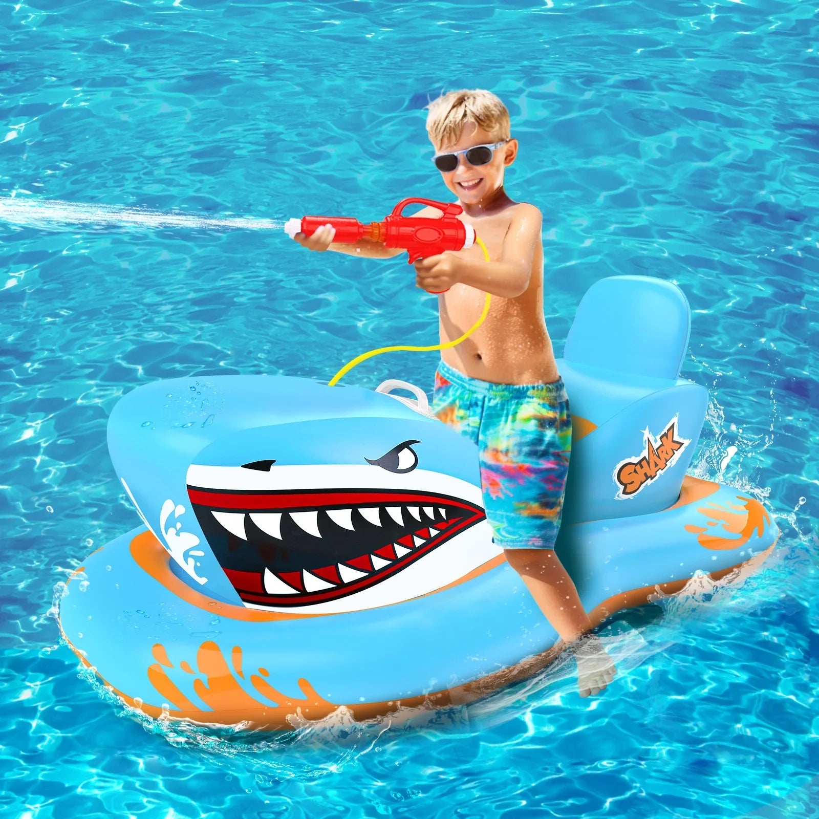 Pool Floats for Kids,Shark Ride-on Pool Toys with Waterpistol for Kid Pool Game Boys Girls Age 3-12