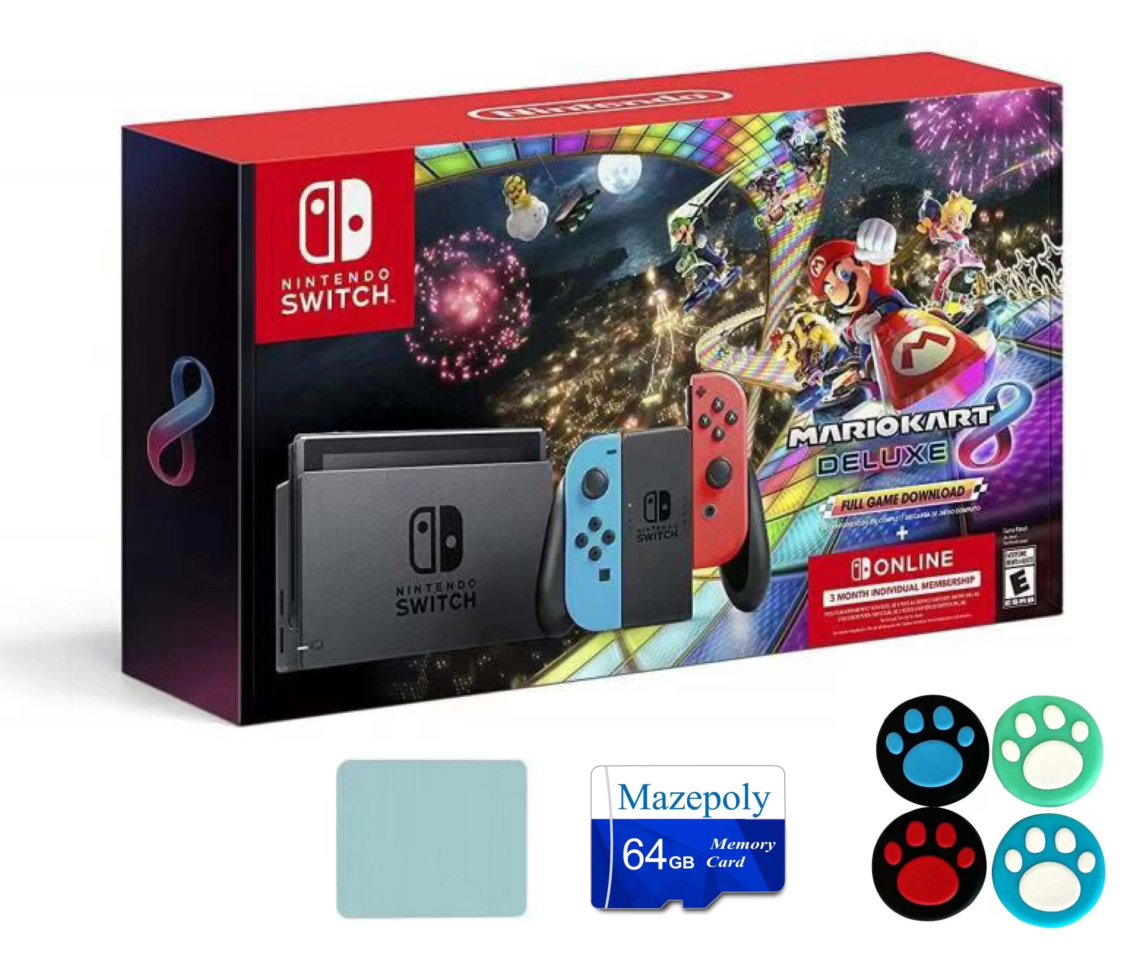 Nintendo Switch Joy-Con Neon Blue/Red Console Bundle: Mario Kart 8 Deluxe Full Game Download | 3 Months Nintendo Switch Online Membership | with Mazepoly Accessories