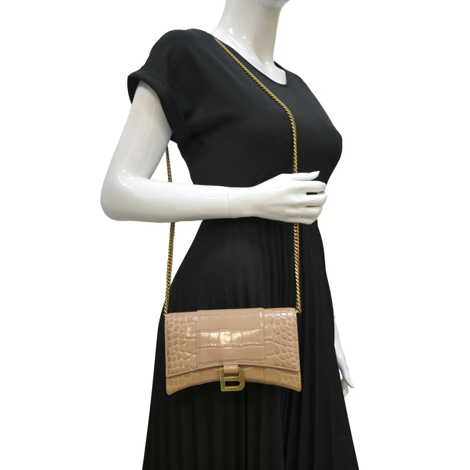 Pre-owned BALENCIAGA Hourglass Crocodile Embossed Leather Chain Shoulder Bag Light Brown