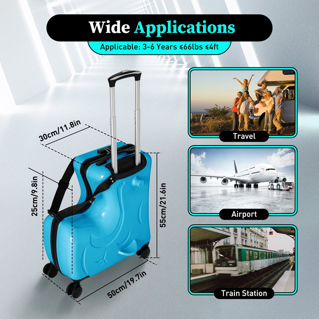 AIQIDI 20" Kids Ride On Suitcase, Portable Spinner Wheels Trolley Luggage Blue Horse Shape Kids Travel Suitcase