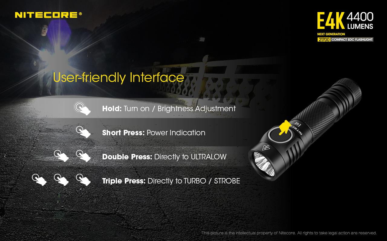 Combo: NITECORE E4K Next generation Flashlight - 4400Lm w/NL2140 and NL2150HPR Batteries +UI1 USB Charger and Eco-Sensa USB Cord