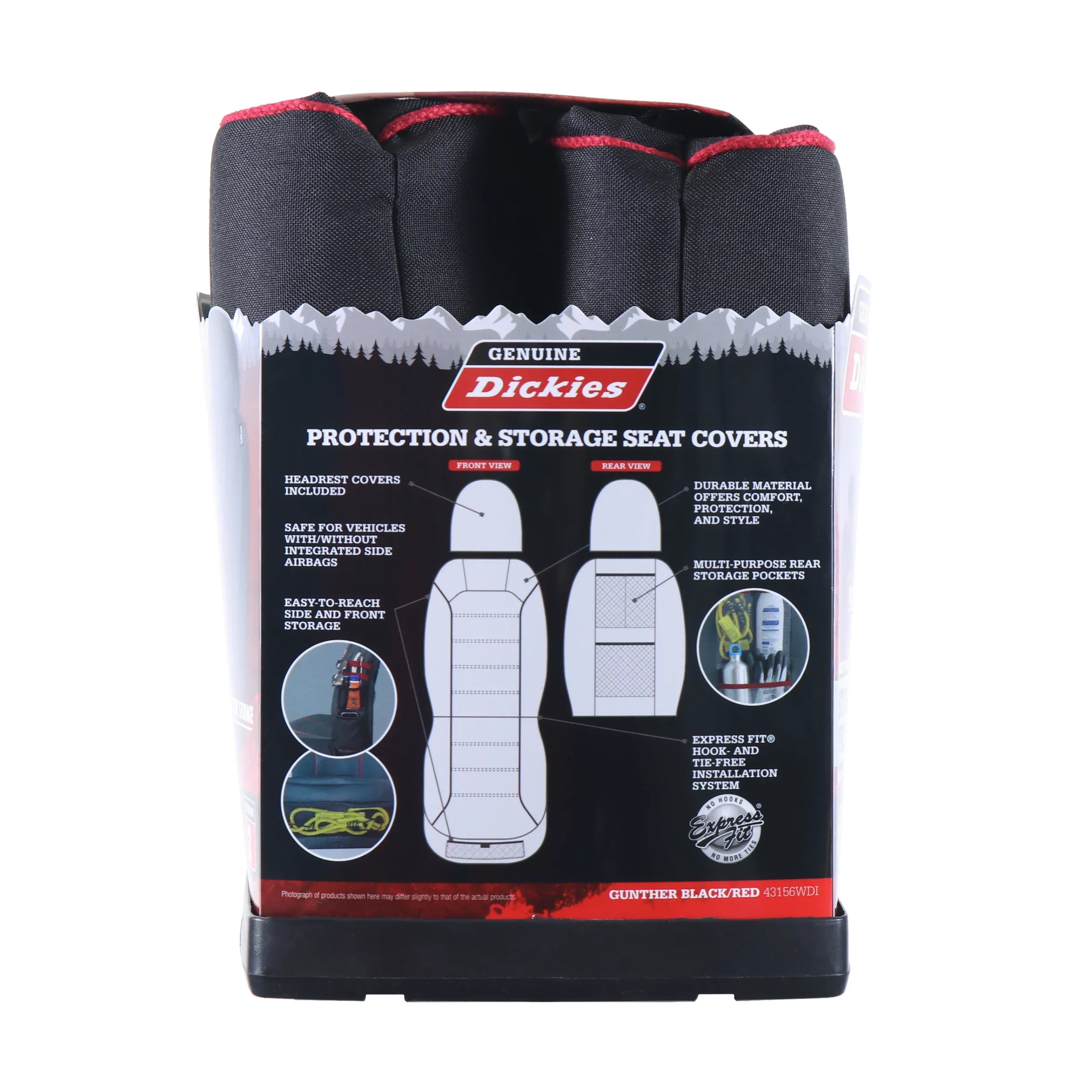 Genuine Dickies 2 Piece Universal Front Car Seat Wrap with Storage - Black and Red, 43156WDI