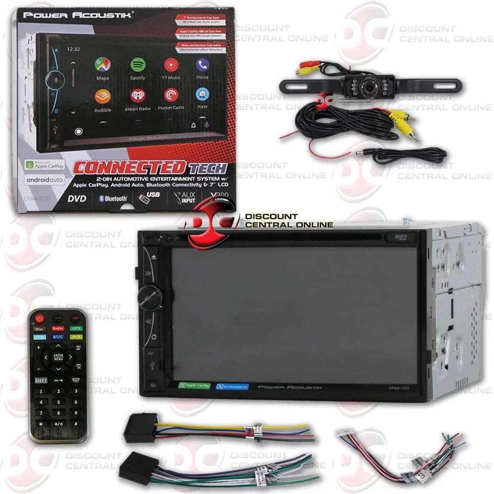 Power Acoustik CPAA-70D 2-din 7" Dvd Cd Stereo Bluetooth W/ Apple Carplay & Android Auto with DiscountCentralOnline HL09 Waterproof Nightvision back-up camera