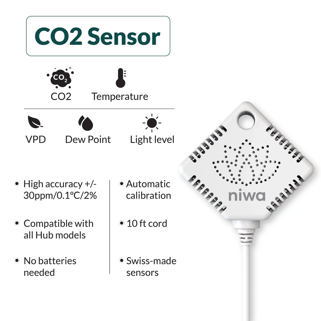 Niwa CO2 Sensor, Suitable with All Grow Hub Models & NOT an Independent Sensor. CO2 Sensor Comes with All preexisting Niwa Readings (VPD, Temperature, Humidity, Dew Point & Light Level).…