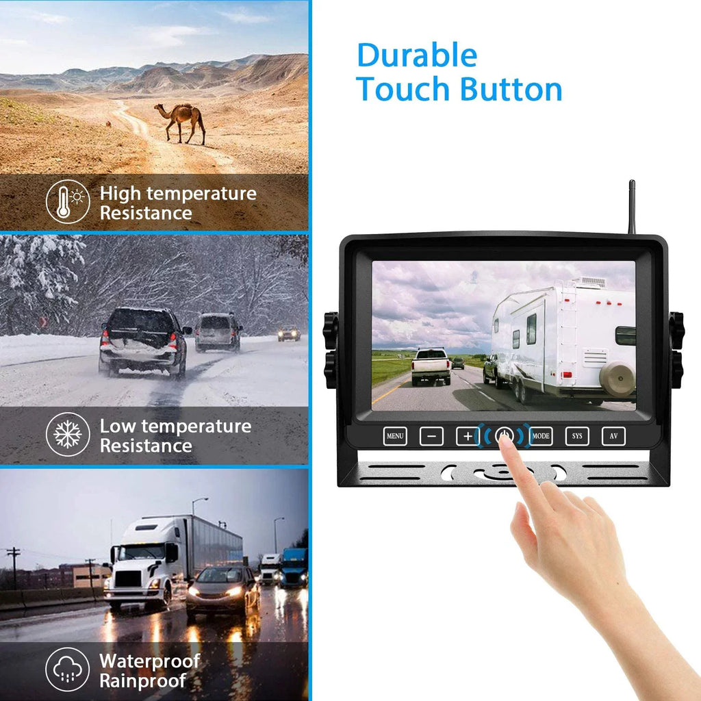 Wireless Dual Backup Camera with 7” Touch Button Rearview Monitor for RV Trailer Truck Motorhome Camper Digital 1080P AHD Rear Side View Cam with Long Range Operation Signal DVR System Xroose CM2