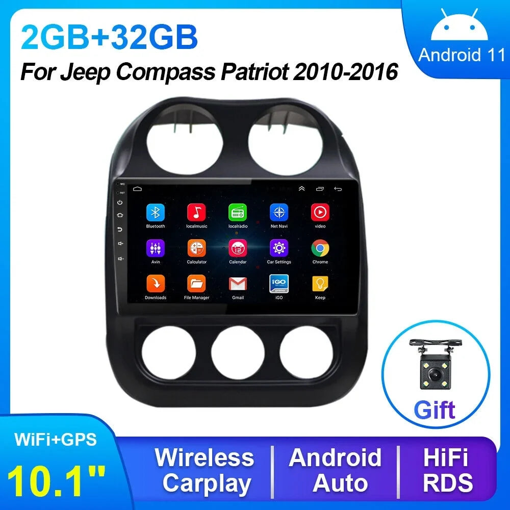 KingFurt Powerful Android 11 Car Radio GPS MP5 Player for Jeep Compass Patriot, Built-in Offline Map, FM Radio, Bluetooth & Reverse Camera