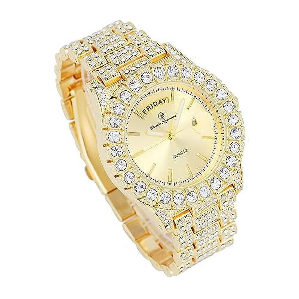 Charles Raymond Big Rocks Fully Iced Out Diamond Mens Watch w/Easy Read Date &Day and Colorful Dials- Designer Hip Hop Blinged Out Timepiece - ST10535 (ST10535-LN Gold)