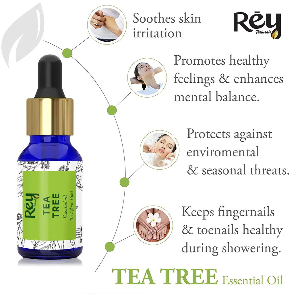 Rey Naturals Tea tree oil for Aromatherapy - Tea Tree Essential Oil for Healthy Skin, Face, and Hair - 100% Organic Remedy for Dandruff, Acne - 30 ml