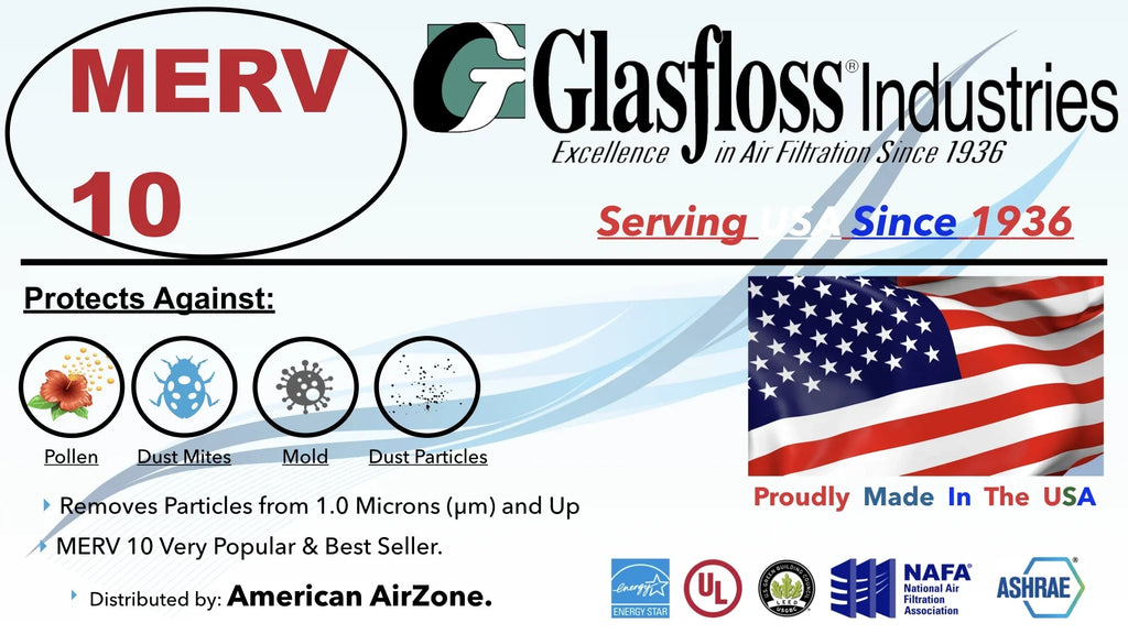 Glasfloss Air Filter 10x30x2 - 2" MERV 10 - (Pack of 6) - Pleated AC or HVAC Air Filter - Furnace Air Filter - Home or Office - Made In The USA.