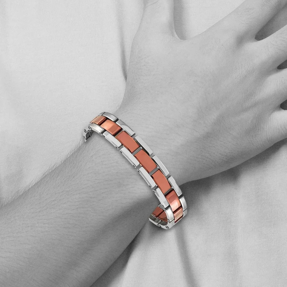 The Black Bow Men's Tungsten Polished & Brown Plated Panther Link Bracelet, 8.25 In