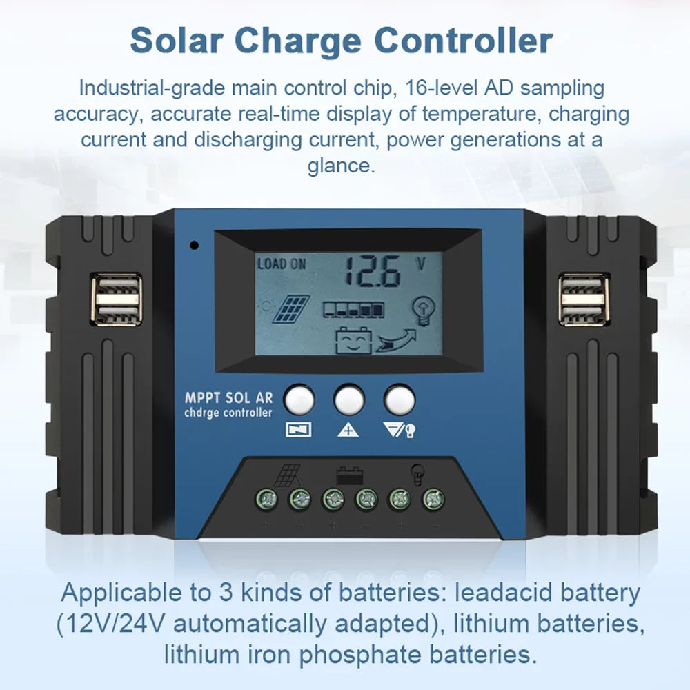 Vistreck 30A Solar Charge Controller 12/24V Auto Focus Solar Panel Controller Battery ligent Regulator with 4 USB Output Adjustable Parameter LCD Display Timer Setting