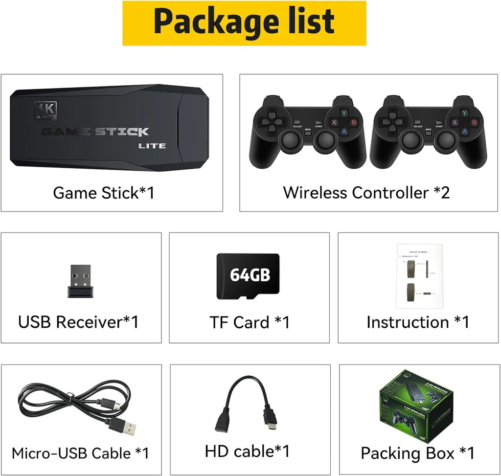 Game Stick 64G, 25,000+ Retro Games, Fitting with 12 Emulator Console, Wireless Retro Game Console Support 4K HD Output, Plug and Play Video Games for TV, 2.4G Wireless Controllers