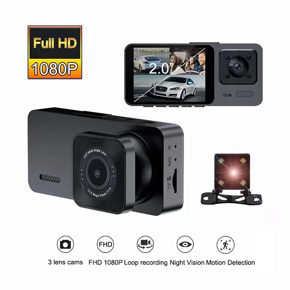 Onemayship 1080P 3 Lens Car DVR Dash Cam Front Rear Inside Camera Video Recorder G-Sensor