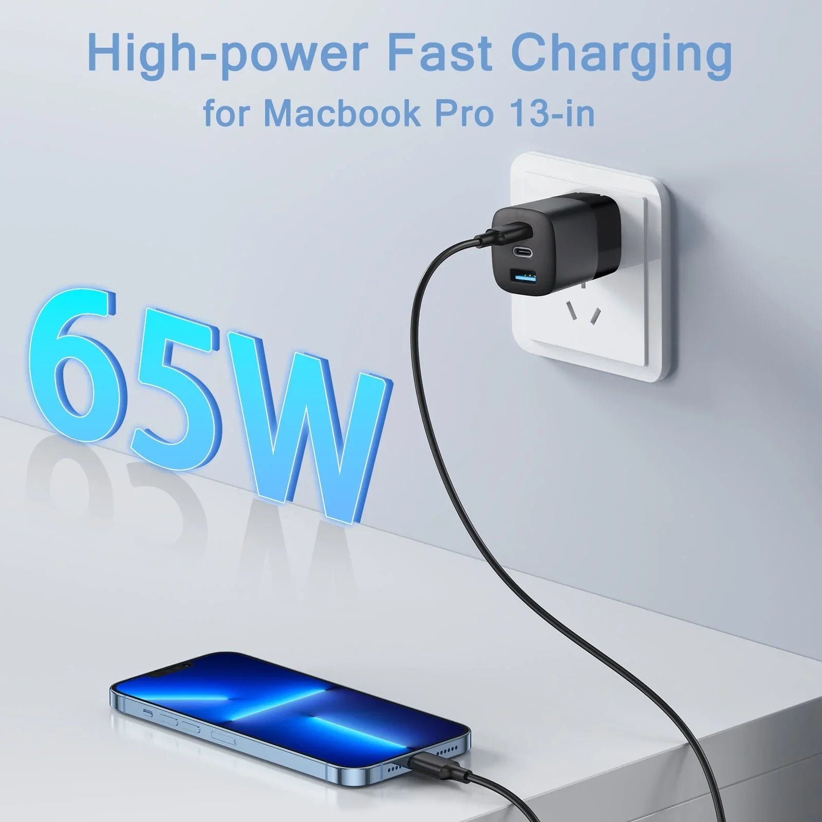 RVP+ 65W USB C and USB A Charger, (GaN) Tech Power Adapter, 3-Port Wall Charger, Foldable Fast Charger for iPhone, Smartphones, Tablets, Laptops - Black