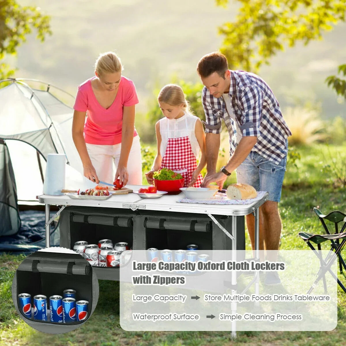 Grey Folding Camping Table with Height Adjustable Aluminum Frame and Storage Organizer